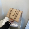 Light beige crocodile embossed shoulder bag with gold chain and woven strap - Khaki