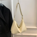 Cream yellow crescent hobo bag in lychee pattern leather with adjustable strap - Rice White (No Pendant)