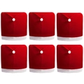 Set of 6 red velvet Christmas Santa hat chair covers with white pompom and plush trim - 6 Pcs Set