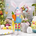 Detailed view of Easter bunny plush with plaid shirt holding carrot and beaded legs decor - Blue Pants Style (Male)