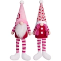 Set of two Valentine gnomes with long striped legs and heart patterns on white background - Couple Set / Pink And Red Combination