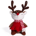 Peluche de renne assise avec robe rouge, écharpe à carreaux et bois en cuir brun - Style Femme (Jupe Rouge)
