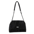 Classic black tote bag with ruched texture, silver chain strap, and MIKAXIU logo plate - Black