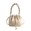 Chic quilted bucket bag in beige PU leather with a thick woven handle and shoulder strap - White