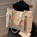 Borsa tote in nylon bianco sporco con tracolla larga ricamata a fiori colorati - Stile 1 (Tracolla Floreale) / Bianco