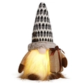 Gnomo di Natale luminoso con cappello a scacchi bianchi e neri e barba ornamentale - Babbo Natale che Abbraccia la Scatola Regalo
