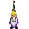 Mardi Gras gnome doll with purple body, green fleur-de-lis hat and beaded necklace - Yellow Style