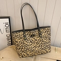 Large leopard print tote bag with black shoulder straps and classic textured pattern - Black Handle / Leopard Body / Black