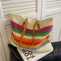Borsa tote in paglia intrecciata a righe colorate con manici in pelle marrone estiva - Bianco Sporco