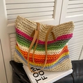 Grande borsa tote intrecciata con strisce colorate arcobaleno e manici in pelle marrone - Cachi Chiaro