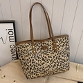 Classic leopard print tote bag with brown leather trim and long shoulder straps - Coffee Handle / Leopard Body / Brown