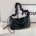 Large black pleated shoulder bag in sleek PU leather for women's daily commute - Black