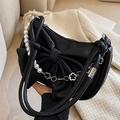Black crescent bow shoulder bag with pearl chain and double leather handles - Black