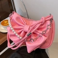 Pink bow shoulder bag with pearl strap and floral silver metal chain detail - Pink
