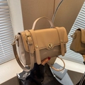 Elegant apricot crossbody bag in PU leather with golden twist lock and top handle - Khaki