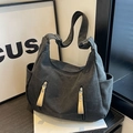 Large capacity canvas tote bag in black with front dual zipper pockets and strap details - Black