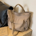 Grand sac cabas en toile kaki avec poches multiples et bandoulière pour femmes - Khaki