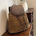 Großer Stroh-Rucksack für Strandreisen mit braunem Lederbesatz und Klappverschluss - Khaki