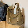 Vintage khaki canvas tote bag with multi-pocket design and adjustable strap - Khaki