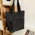 Elegante borsa tote in nylon nero con tasca a zip per scuola e pendolarismo quotidiano - Nero