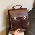 Sac à dos style britannique en cuir marron et tissu à carreaux rouge et vert - Marron