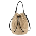 Large beige woven straw bucket bag with black leather drawstring and shoulder strap - Off White