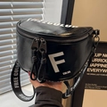 Black faux leather crescent crossbody bag with white letter print and wide strap - Black