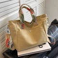 Beige large canvas tote bag with floral print straps and cross body shoulder strap - Khaki
