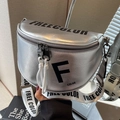 Silver metallic saddle crossbody bag with wide jacquard strap and letter F design - Silver