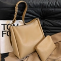 Khaki bucket bag set including a large shoulder tote and matching zipper pouch - Khaki