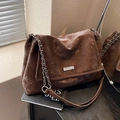 Retro dark brown tote bag with vintage matte texture and silver chain strap - Brown