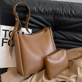 Caramel brown leather bucket bag set with large tote and matching zipper pouch - Brown