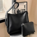 Retro black matte leather bucket bag set with large tote and matching zipper pouch - Black