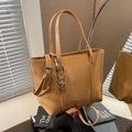 Versatile camel tote bag with slim handles and silver metal rings for daily commute - Khaki