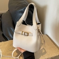 Beige lychee pattern nylon bucket bag with golden buckle and adjustable straps - Off White