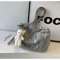 Silver metallic wrinkled tote bag with cute bear charm and adjustable shoulder strap - No Pendant / Silver Gray