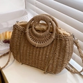 Hellbraune gewebte Strohtasche mit runden Griffen und verstellbarem Riemen für Strand - Khaki
