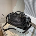 Black large capacity travel bag in glossy faux leather with adjustable shoulder strap - Black