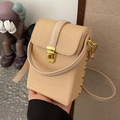 Minimalist apricot woven texture crossbody phone bag with gold clasp and side rivets - Khaki