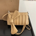 Chic beige pleated crossbody bag with large bow detail on strap in soft PU leather - Khaki