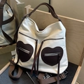 Borsa tote in tela bianca con due tasche marroni a forma di cuore e spallacci marroni - Bianco Sporco