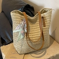 Large woven straw tote bag in cream white with brown leather straps and floral scarf - Off-white