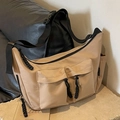 Khaki canvas messenger tote bag with double front pockets and adjustable shoulder strap - Khaki