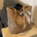 Caramel brown large woven straw tote bag with faux leather straps and floral scarf detail - Khaki