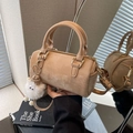 Boston style beige crossbody bag with plush charm and polished gold-tone hardware - Khaki With Pendant