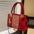 Elegant red wedding handbag with golden floral embroidery and pearl heart pendant - Red with Gold Embroidery (With Charm)