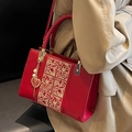 Red leather handbag with gold flower embroidery and pearl heart charms for weddings - Red with Red Embroidery (No Charm)