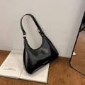Chic black crescent underarm bag in vintage oil wax leather with silver hardware finish - Black