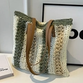 Borsa tote in paglia a righe verdi e beige con manici in pelle per vacanze al mare - Verde