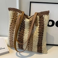 Borsa tote in paglia a righe marroni e beige con manici in finta pelle estiva - caffè
